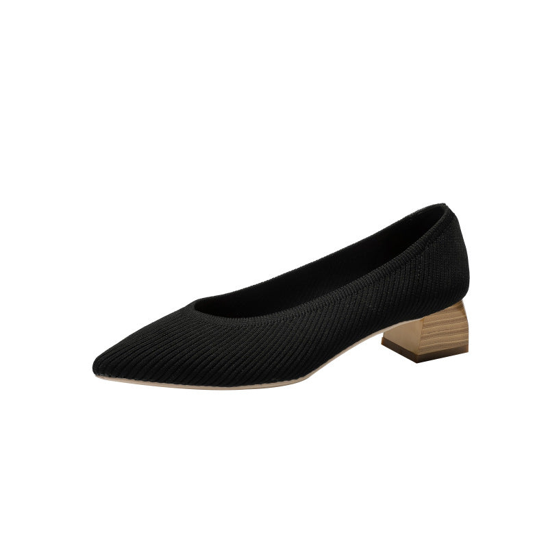 Wood Grain Thick Heel Pointed Breathable Casual Pumps