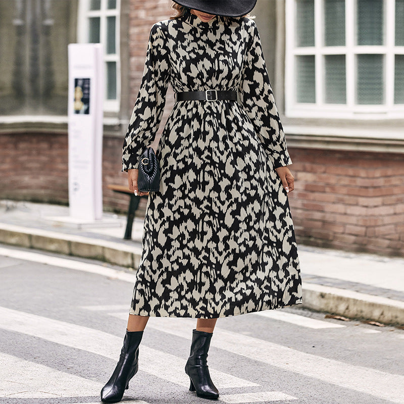 Vestido con estampado de leopardo de manga larga para mujer de otoño e invierno