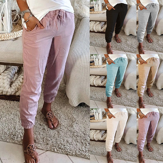 Pantalones casuales con bolsillo y cintura elástica de color puro para mujer