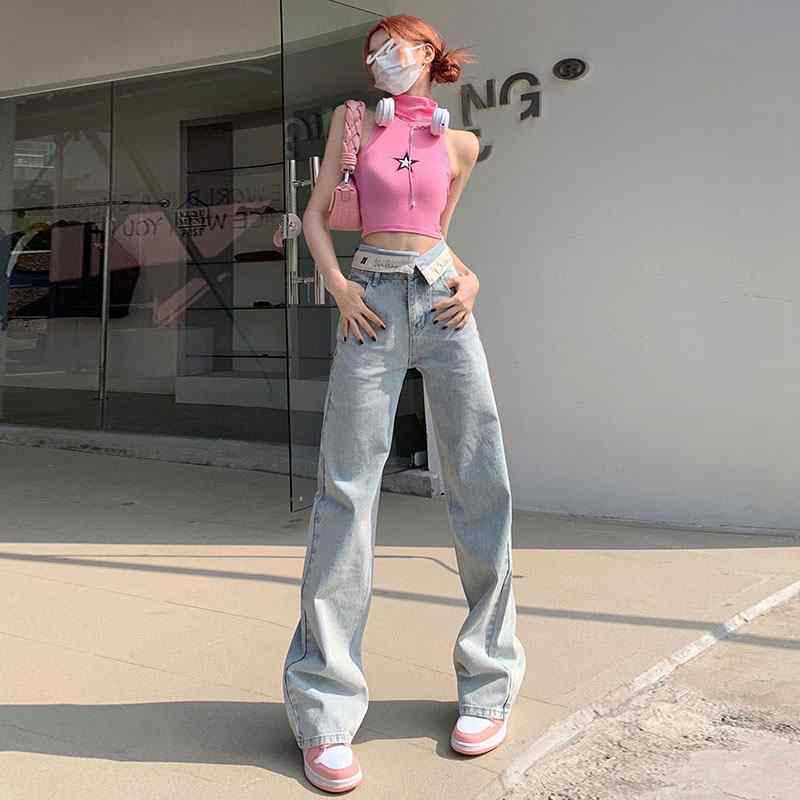 Women's Wide-leg Cuffed Light-colored Straight Mop Jeans