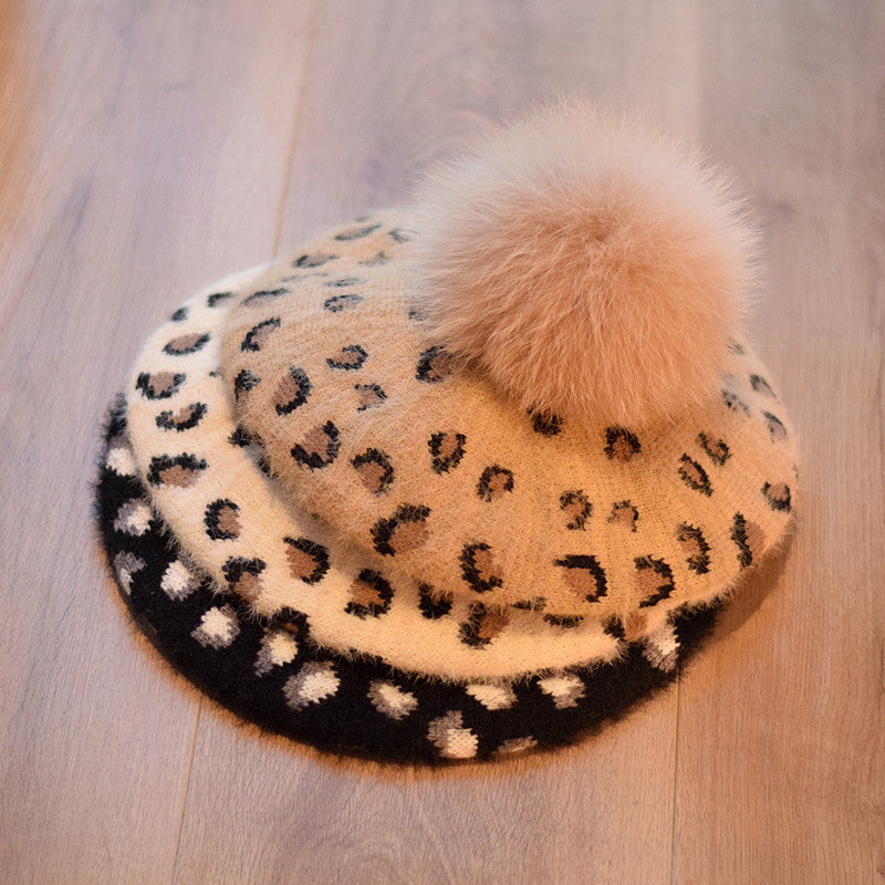 Sombrero de leopardo todo fósforo de lana estilo visón retro Moda