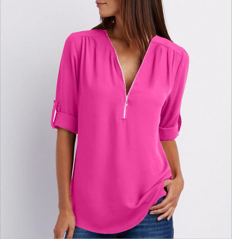 Camisas con cuello en V y cremallera Tops sueltos de manga corta para mujer