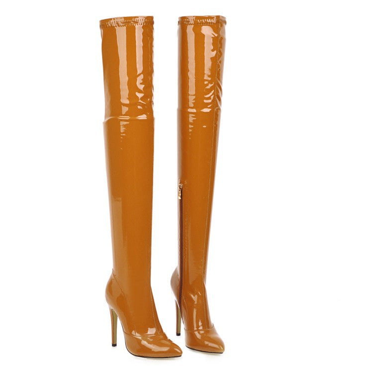 Over The Knee Boots Patent Leather High-heel Boots Women's Large Size Shoes