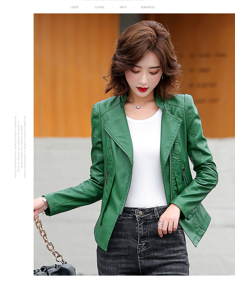 Suit collar fashion biker leather jacket leather woman