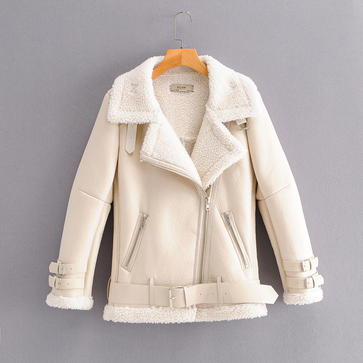 Plush stitching thick PU leather coat