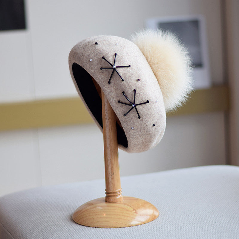 Women's Fox Fur Ball Elegant Retro Woolen Hat