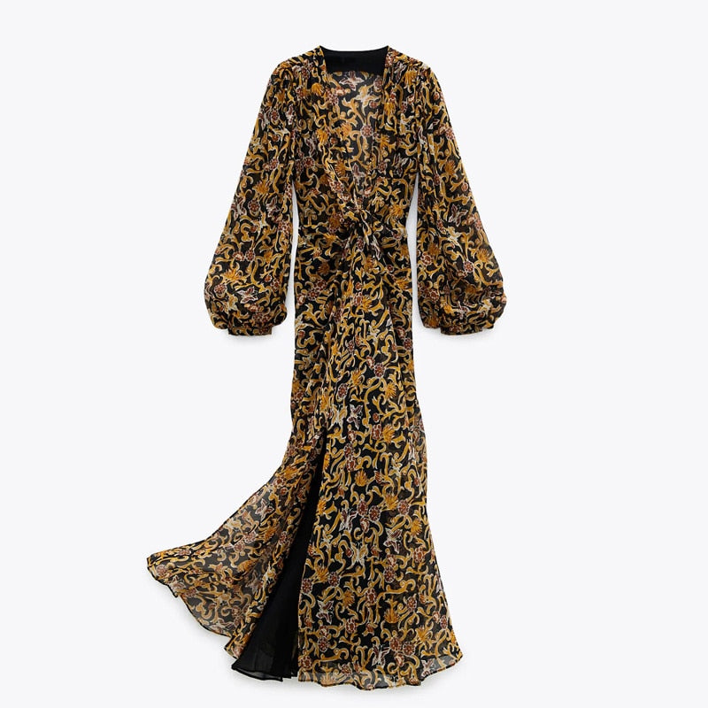 Za Women Dresses Floral Retro Printed V-neck Long sleeves Tulle Dress Woman vintage Goth Long dress