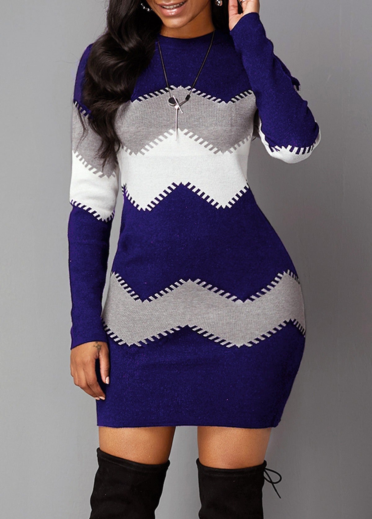 Women's Mid-length Round Neck Long Sleeve Printed Knitted Dress