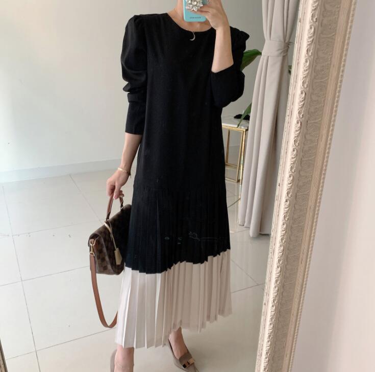 Round Collar Color Patchwork Pleated Dress Long Skirt Woman