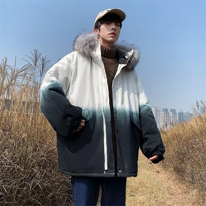 Big fur collar gradient coat