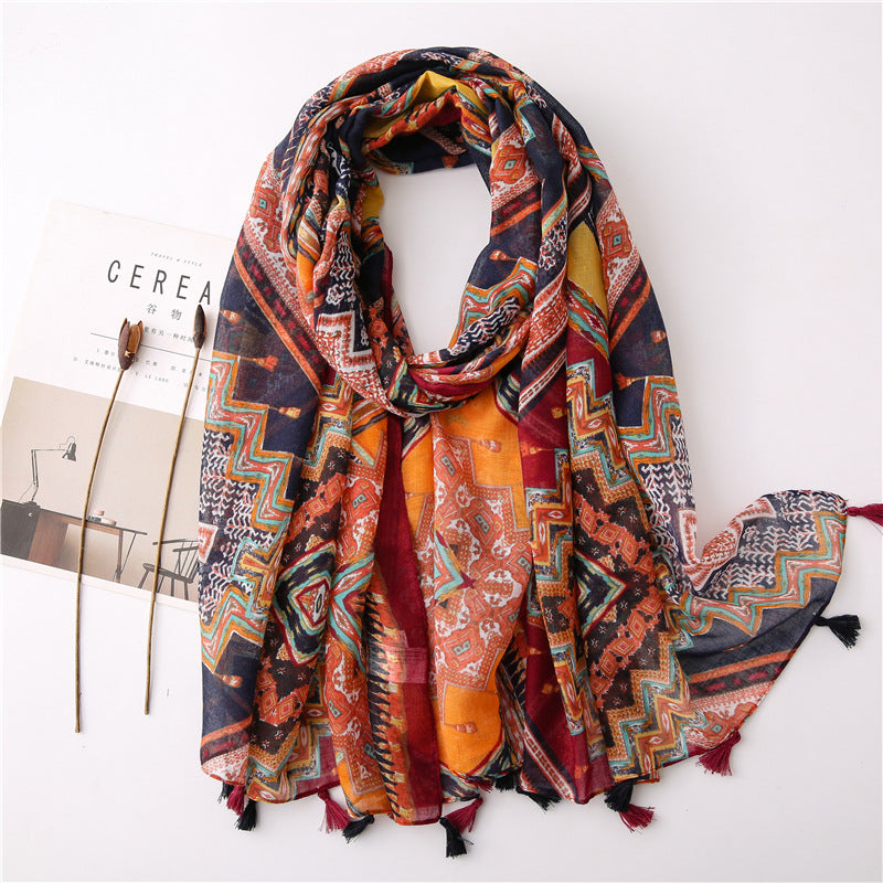 Japanese Style Artistic Fresh Cotton And Linen Scarf Retro Patchwork Bohemian Cashew Print