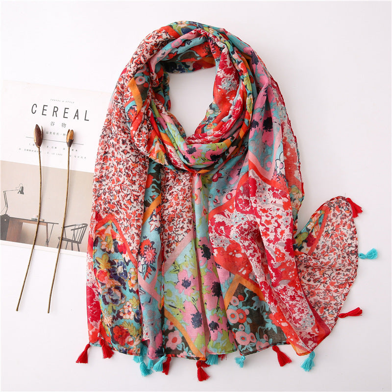 Japanese Style Artistic Fresh Cotton And Linen Scarf Retro Patchwork Bohemian Cashew Print