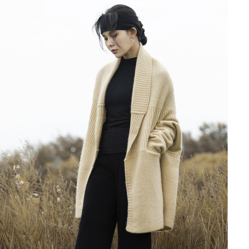 Lapel Drop Shoulder 100 Pure Wool Cardigan Coat Mid-length Autumn And Winter Thickened Heavy Knitted Cape Sweater