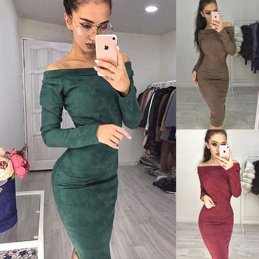 Woman A Word Tight Shoulder Long Sleeve Sexy Dress Burst Sexy Nightclub Wild Models Solid Color Dress