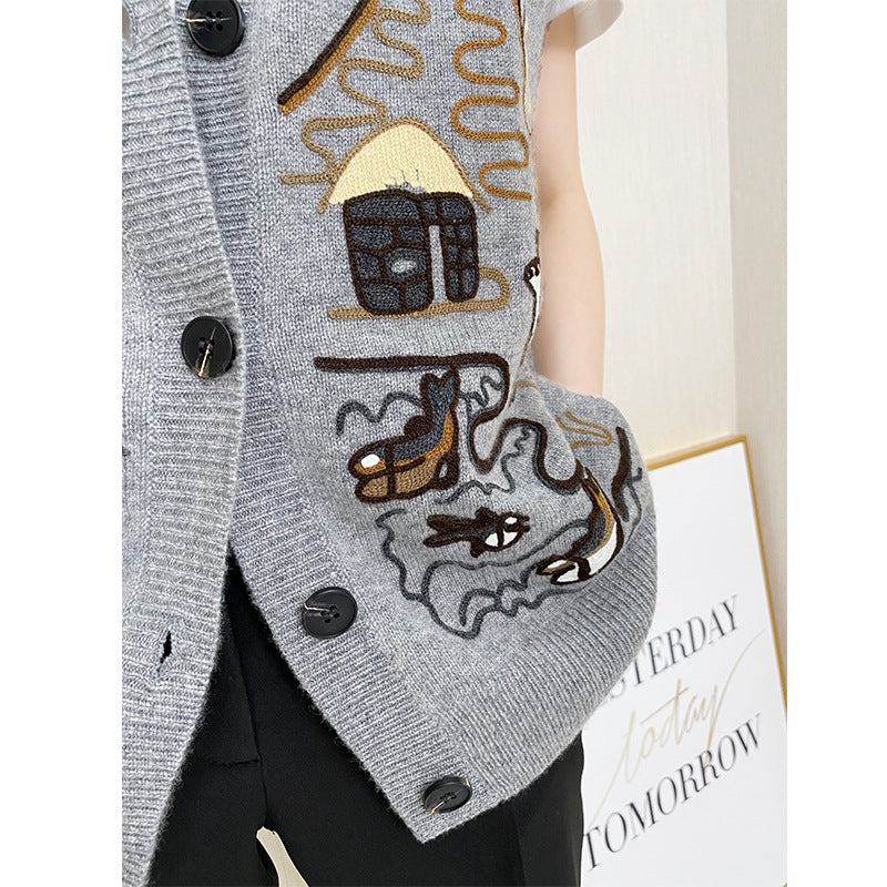 V-neck heavy embroidery cardigan woman