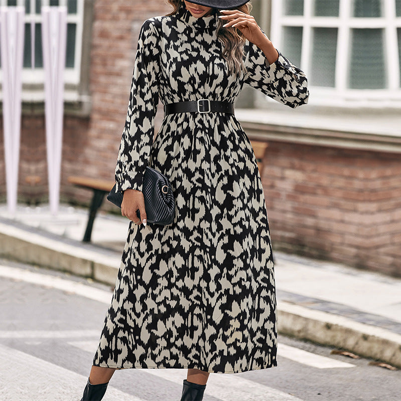 Vestido con estampado de leopardo de manga larga para mujer de otoño e invierno