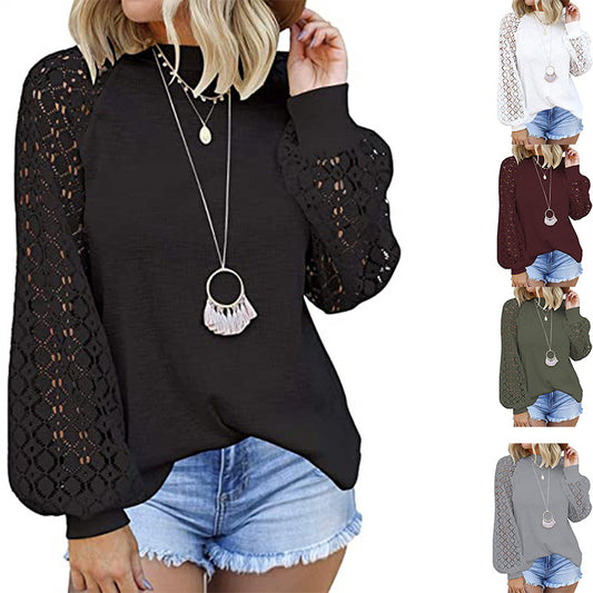 Round Collar Long Sleeves Lace Stitching Blouse Woman