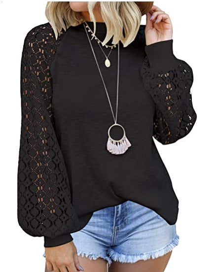 Round Collar Long Sleeves Lace Stitching Blouse Woman