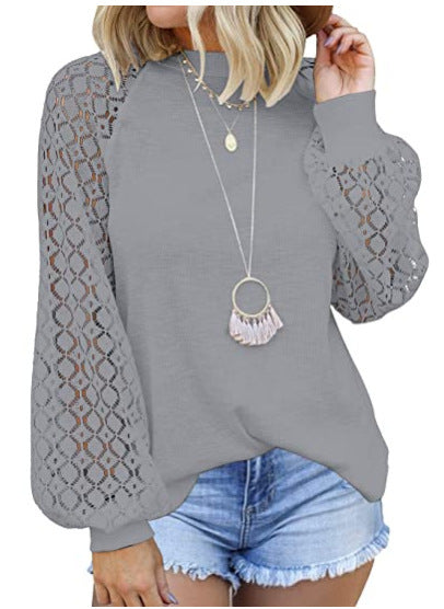 Round Collar Long Sleeves Lace Stitching Blouse Woman