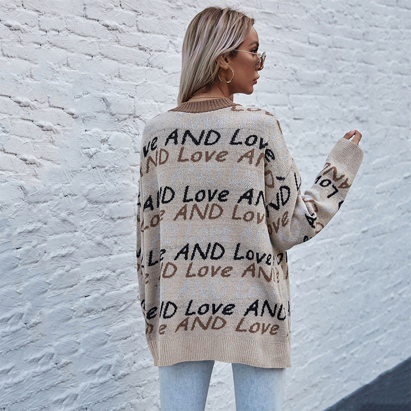 V-neck Letter Loose European And American Long-sleeved Knitted cardigan