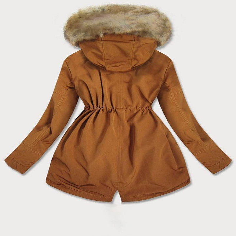 Chaqueta con capucha y cuello de piel cálida para mujer de otoño e invierno