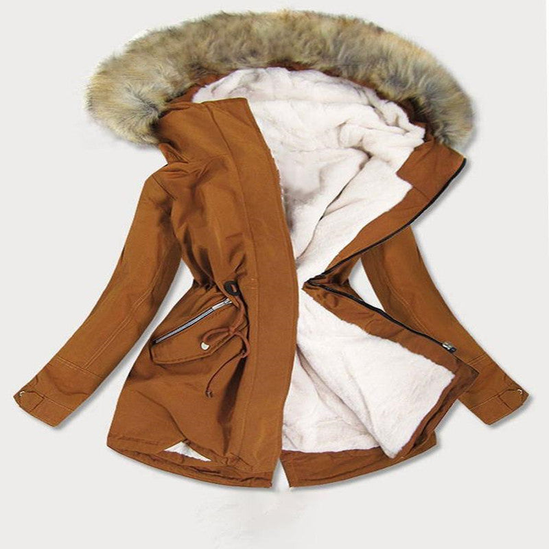 Chaqueta con capucha y cuello de piel cálida para mujer de otoño e invierno