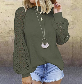 Round Collar Long Sleeves Lace Stitching Blouse Woman