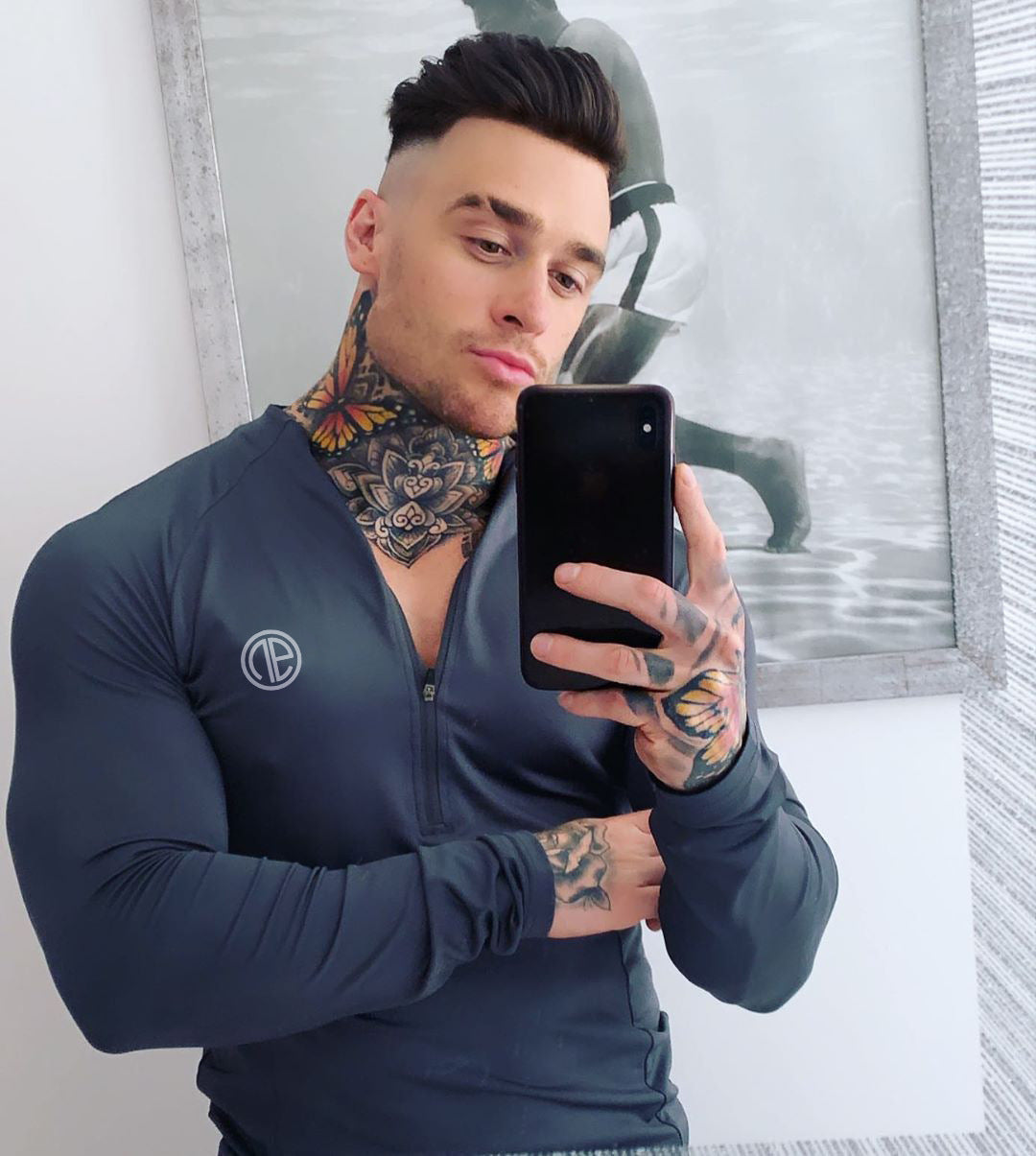 Zipper Neck Fitness Shirts Men Black Long Sleeve GYM Sport Tshirt