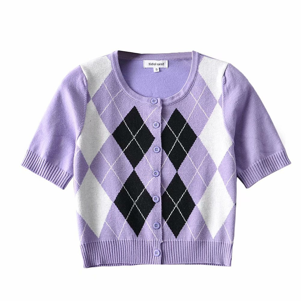 Wind Contrast Color Plaid Cardigan Short - Sleeved T-shirt Woman