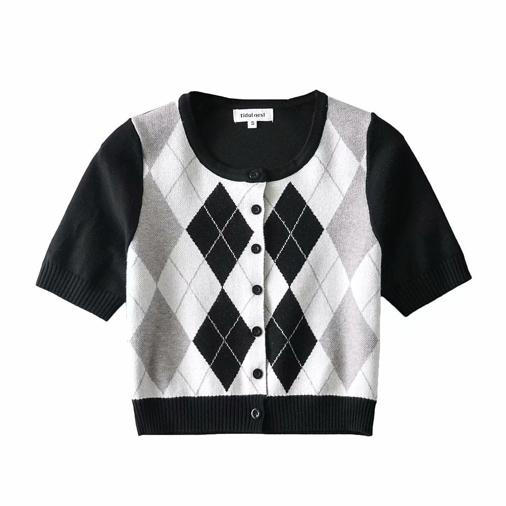 Wind Contrast Color Plaid Cardigan Short - Sleeved T-shirt Woman