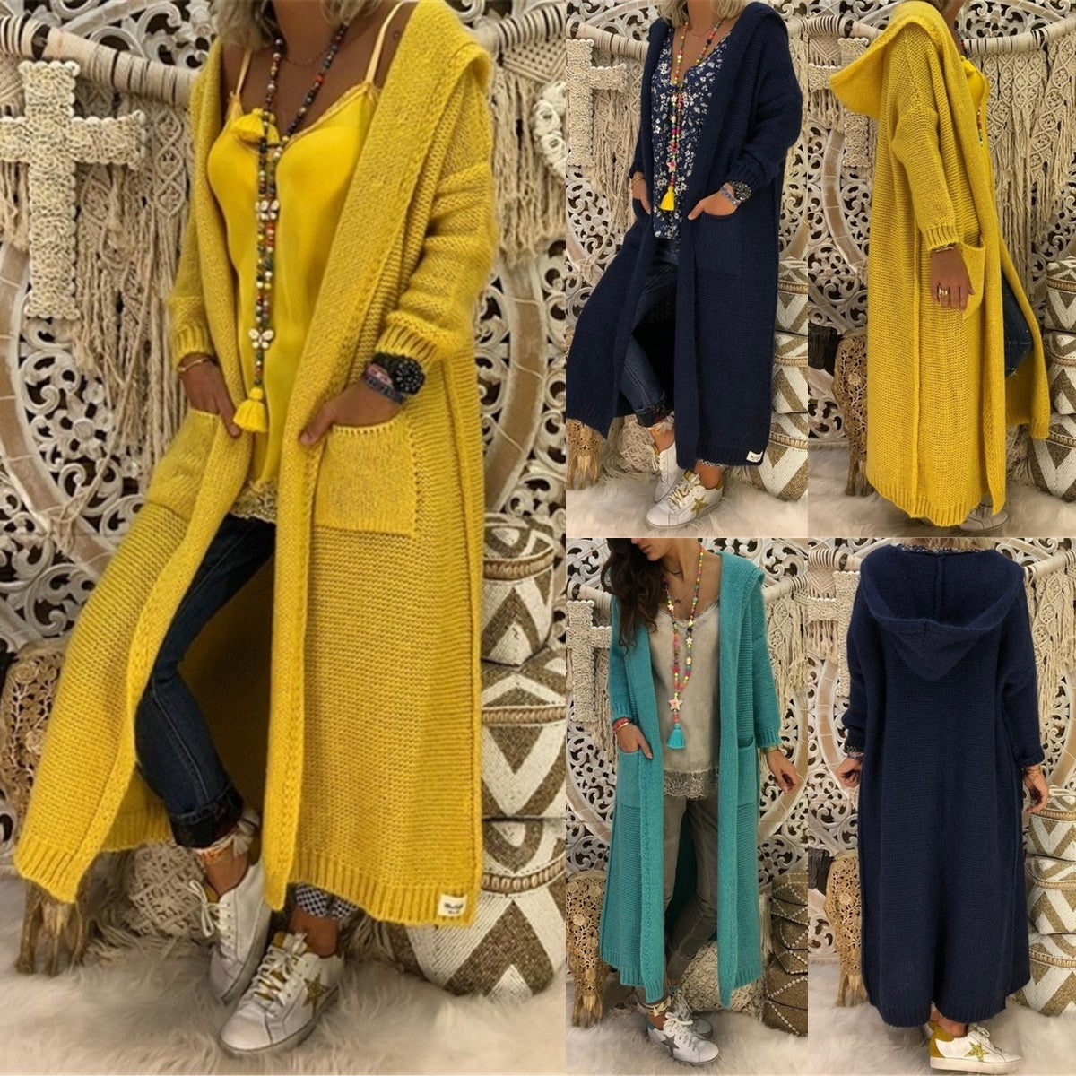 Women's Autumn And Winter New Loose Long Pocket Hooded Knitted Cardigan