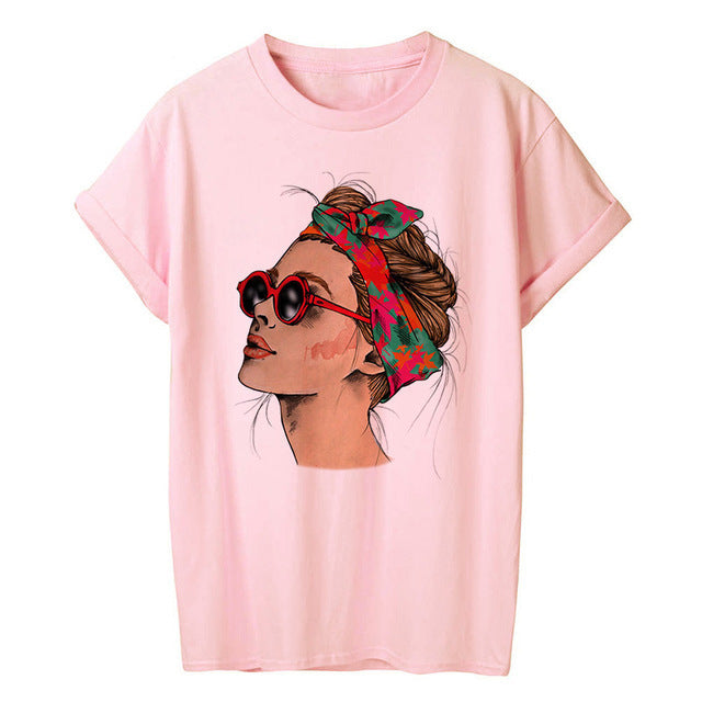 Woman Head Print Short Sleeve Round Neck Short Sleeve T-shirt