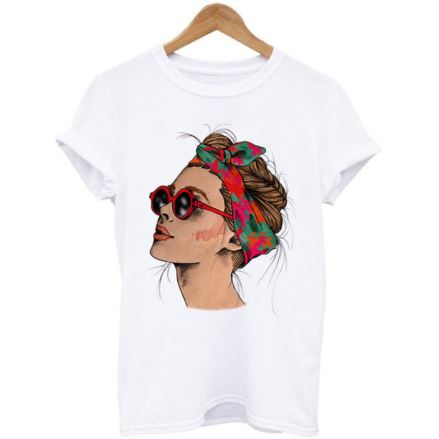 Camiseta de manga corta con cuello redondo y manga corta con estampado de cabeza para mujer