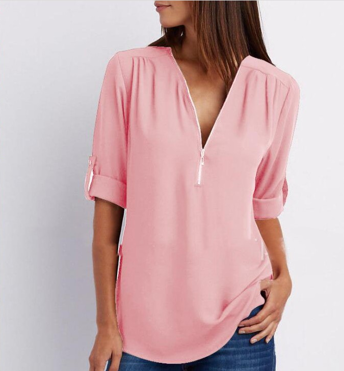 Camisas con cuello en V y cremallera Tops sueltos de manga corta para mujer