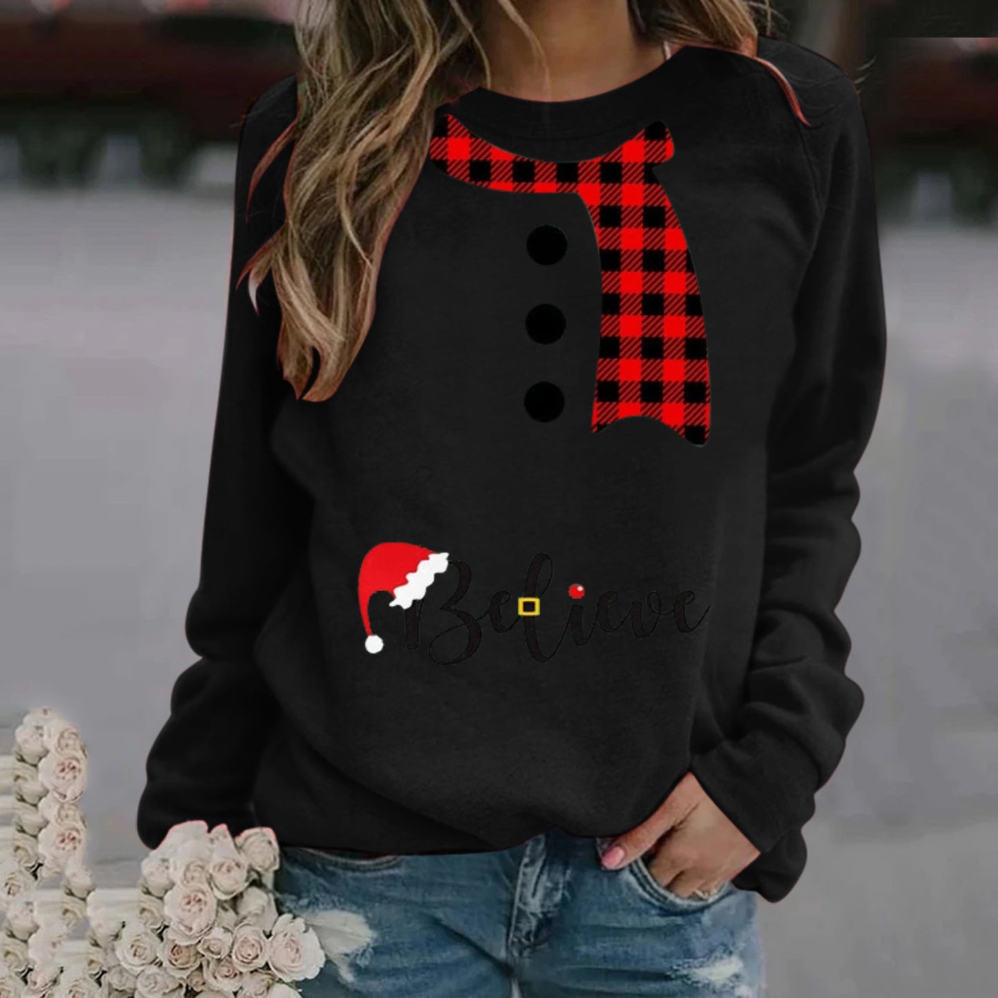 Women's Fashion Christmas Pattern Printing Long Sleeve Crew Neck Sweater