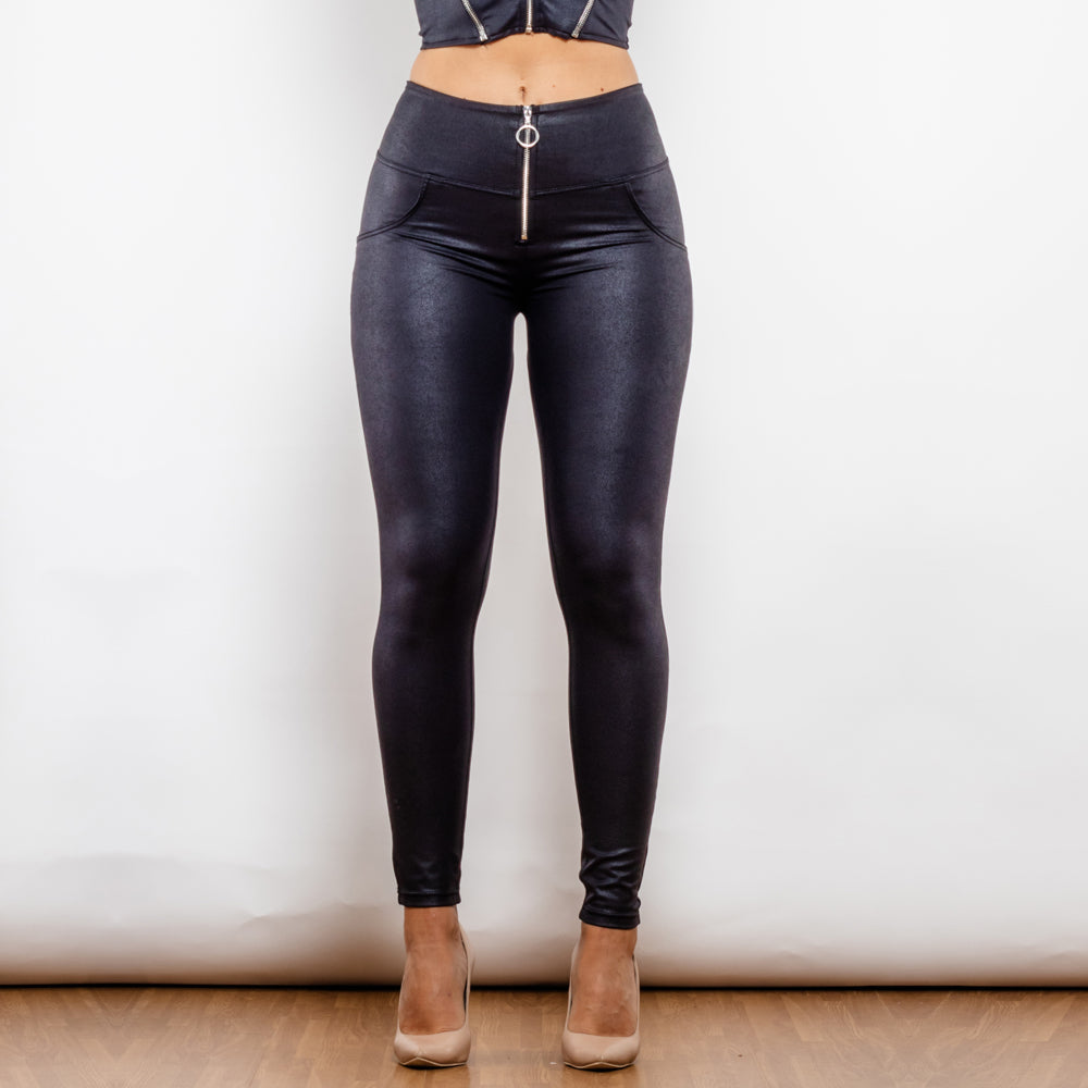 Shascullfites Melody cintura alta Crackle pantalones de elevación recubiertos negros anillo con cremallera Leggings de realce de trasero Leggings Push Up