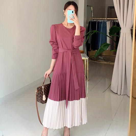 Round Collar Color Patchwork Pleated Dress Long Skirt Woman