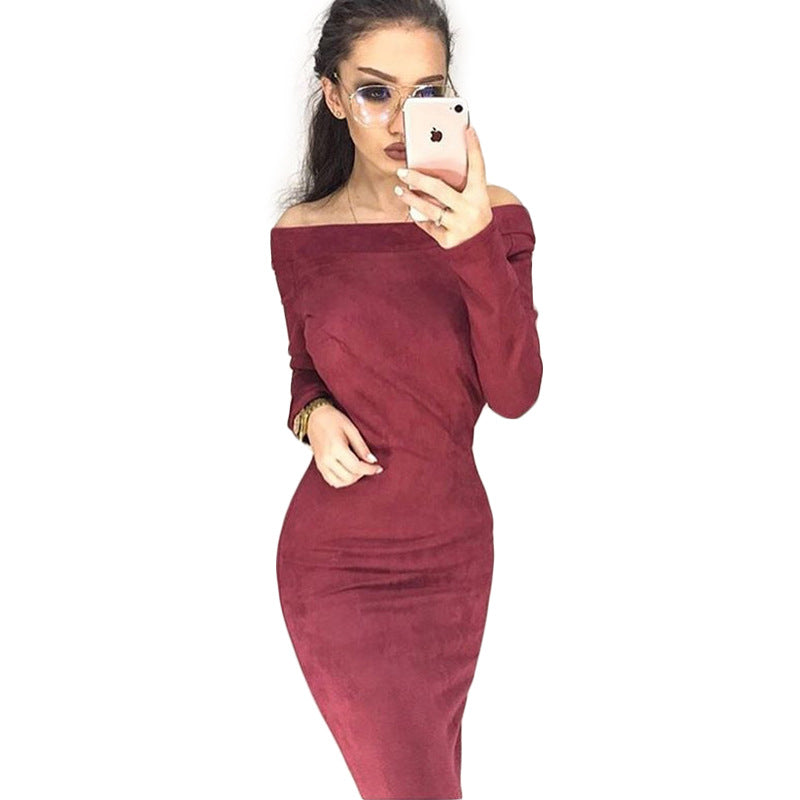 Mujer Una palabra Hombro apretado Vestido sexy de manga larga Burst Sexy Nightclub Modelos salvajes Vestido de color sólido