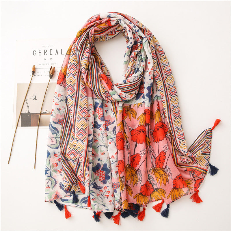 Japanese Style Artistic Fresh Cotton And Linen Scarf Retro Patchwork Bohemian Cashew Print