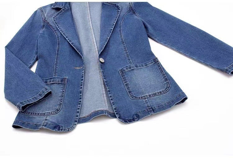 Denim Jacket Women's Slim Fit Suit Collar Solid Color Outerwear One Button Top