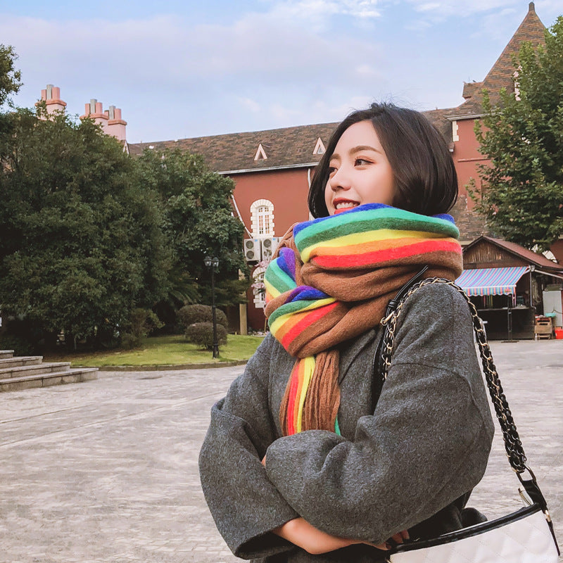 Rainbow Double Sided Scarf Women's Cashmere Tassel