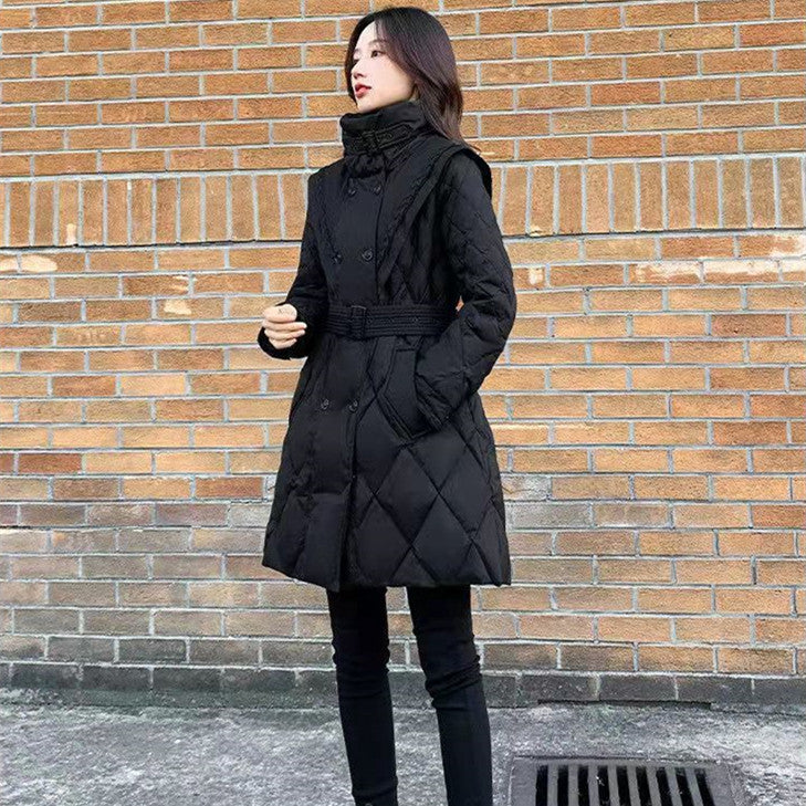 Black Medium Length Cotton-padded Coat For Women