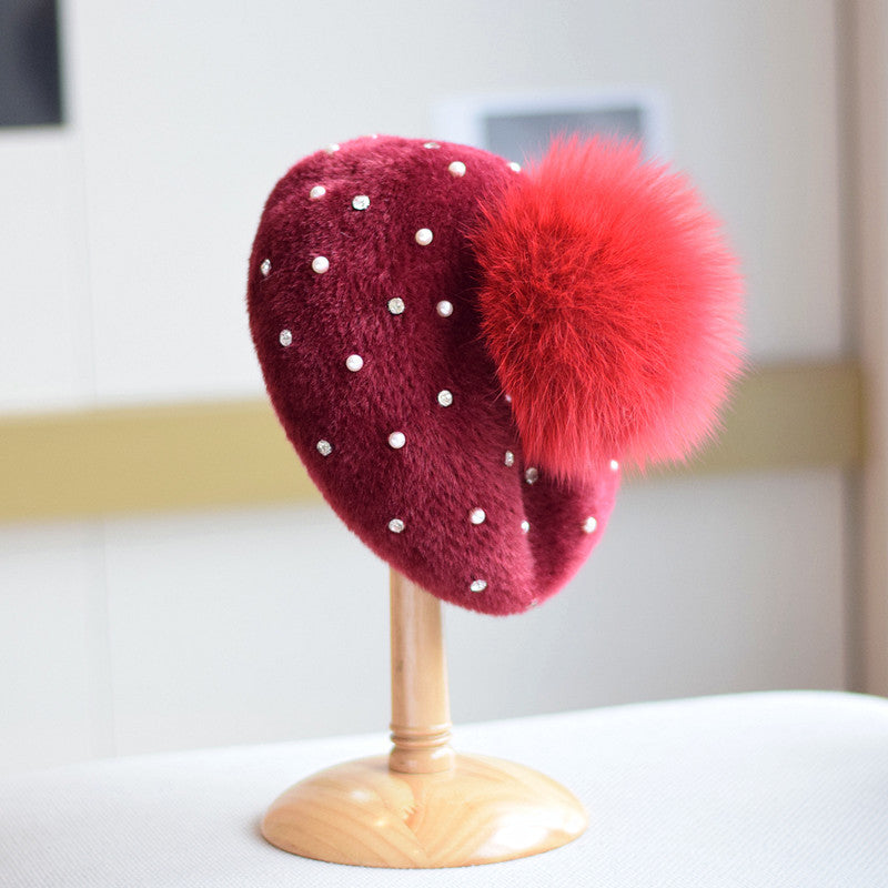 Rhinestone Mink-like Wool Beret Japanese Style Sweet And Cute Painter Cap