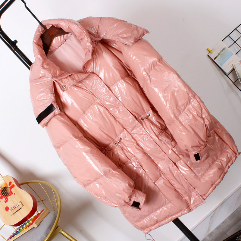 Bright leather hooded down jacket