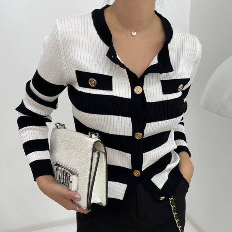 Contrast Stripe Design Long Sleeve Knitted Cardigan Woman