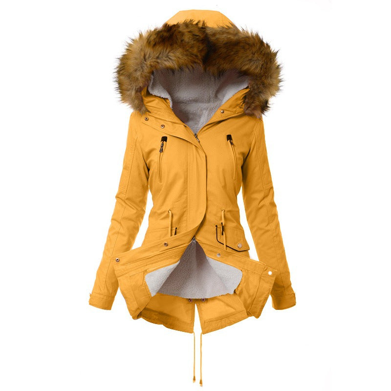 Women's Padded Coat Mid-length Zipper Slim Jacket With Hooded Fur Collar