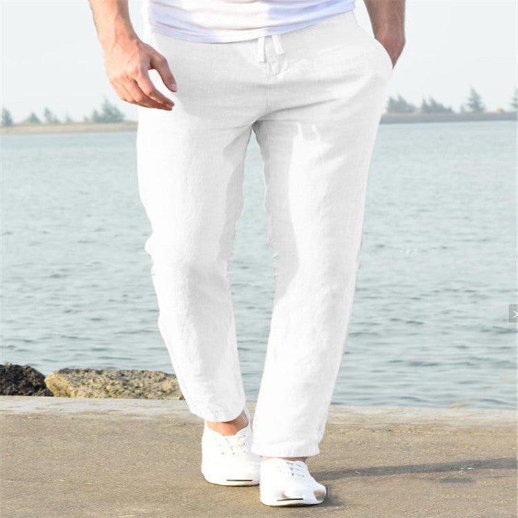 Pantalones casuales de verano de lino para hombre Pantalones con cordón