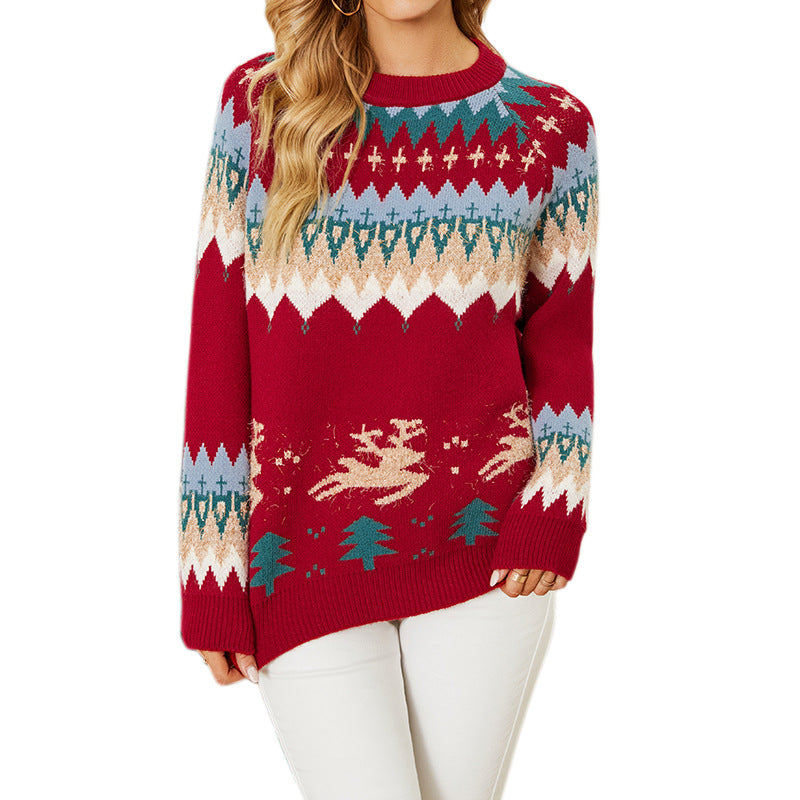 Christmas Color Matching Deer Sweater For Women