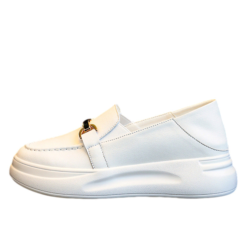 Zapatos blancos de cuero genuino mocasines informales con plataforma a prueba de explosiones combinables de otoño para mujer