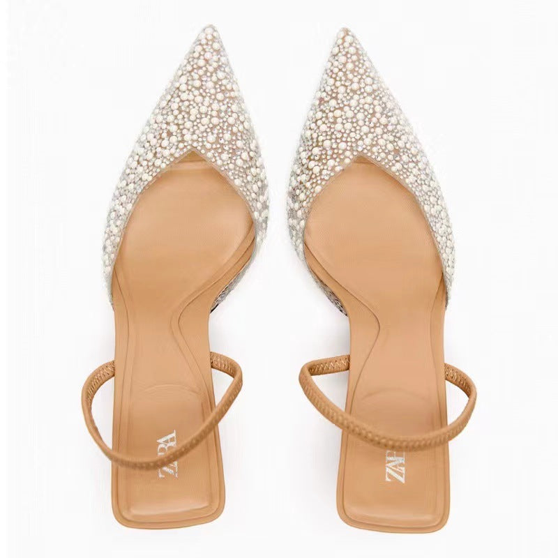 Tacones altos de gas poco profundos con perlas de diamantes de imitación y punta puntiaguda para mujer